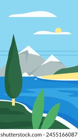 Abstract minimalist river landscape of simple geometric shapes, scenery with trees and mountains vector illustration