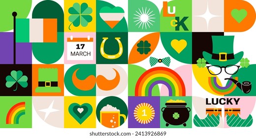 Abstract minimalist Saint Patrick's Day pattern background. Modern geometric ornament with irish symbols and elements. Vector banner design