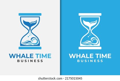 Abstract Minimalist Sand Clock Logo Design With Whale Tail And Blue Sea Atmosphere Combination Concept.