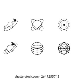Abstract Minimalist Satellite Orbiting Planet Icons Global Network Technology Space Exploration Communication Connectivity Modern Design Vector Graphics