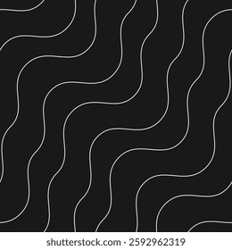 Abstract minimalist seamless pattern with diagonal wavy lines, thin curvy stripes, liquid fluid shaped, waves. Black and white linear background. Simple monochrome texture. Minimal dark geo design