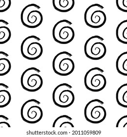 Abstract minimalist seamless pattern with hand drawn grunge black ink textured circle curl swirl. Vector minimal monochrome black and white background with textured noise shape.