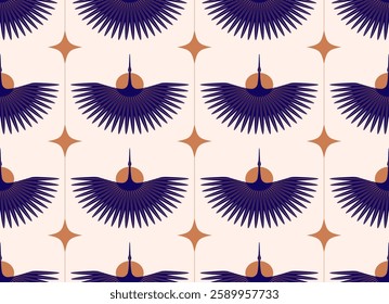 Abstract minimalist seamless pattern, print with flying stork, crane, bird, sun rays on white background. Spread Wings. Vector illustration EPS10