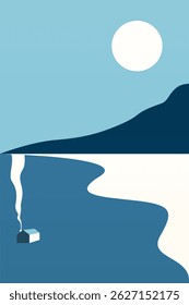 Abstract minimalist seascape illustration. Modern flat illustration for wall decor, cover, poster, flyer, summer travel agency advertising