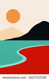 Abstract minimalist seascape illustration. Modern flat illustration for wall decor, cover, poster, flyer, summer travel agency advertising