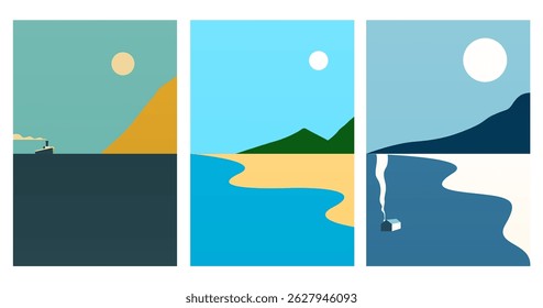Abstract minimalist seascape illustration. Modern flat illustration for wall decor, cover, poster, flyer, summer travel agency advertising