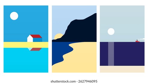 Abstract minimalist seascape illustration. Modern flat illustration for wall decor, cover, poster, flyer, summer travel agency advertising