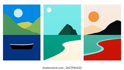 Abstract minimalist seascape illustration. Modern flat illustration for wall decor, cover, poster, flyer, summer travel agency advertising