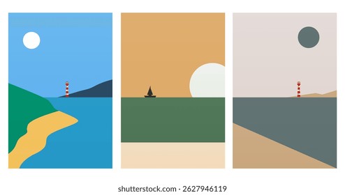 Abstract minimalist seascape illustration. Modern flat illustration for wall decor, cover, poster, flyer, summer travel agency advertising