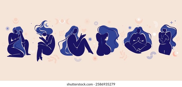 Abstract minimalist silhouettes of blue women set with celestial symbols moons, stars, and nature elements.Contemporary women silhouettes for wellness branding, self-care,decorative art.Vector design