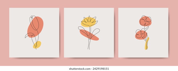 Abstract minimalist spring floral linear art posters set. Wall art with organic doodle flower shapes. Modern fashion design. Contemporary artwork.