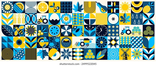 Abstractas patrón Horizontal de verano minimalista, cubierta, postal en tonos azules, tipografía moderna. Vacaciones de verano, viajes, vacaciones, viajes, ilustración. Plantilla de diseño de anuncios promocionales de mosaico geométrico