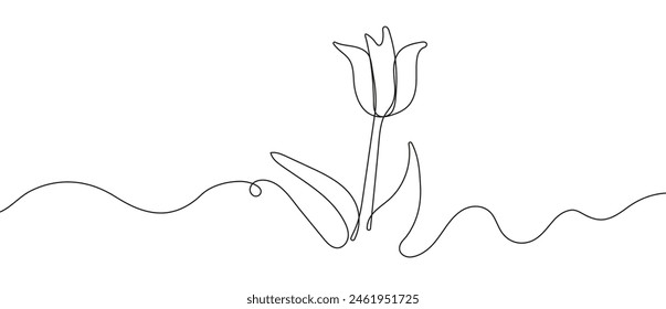 Abstract and minimalist, this vector illustration features a single continuous line drawing of a tulip flower.