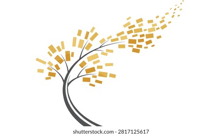 Abstract minimalist tree with golden rectangular leaves blowing away in the wind over a white background.