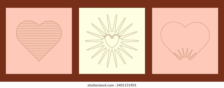 Resumen minimalista juego de tarjetas de felicitación de San Valentín. Iconos de forma de Corazón geométrico. Ilustración vectorial en estilo vintage de arte de línea