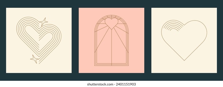 Abstract minimalist Valentine's Day greeting card design set. Geometric Heart shape icons. Vector illustration in line art vintage style