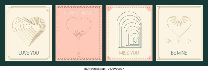 Abstrakte minimalistische Valentinstag Grußkarten Design-Template Set. Symbole der geometrischen Herzform. Vektorgrafik im Art Vintage-Stil