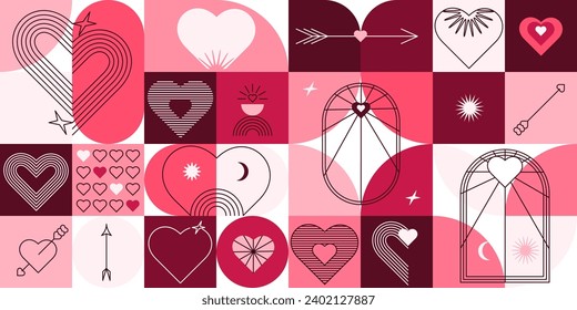 Abstract minimalist Valentine's Day pattern background. Modern geometric ornament with hearts. Vector banner design