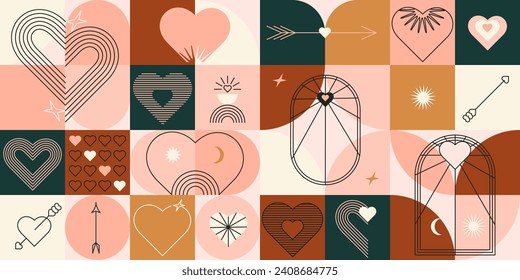 Abstract minimalist Valentine's Day pattern background. Modern geometric ornament with hearts. Vector banner design