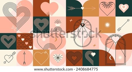 Abstract minimalist Valentine's Day pattern background. Modern geometric ornament with hearts. Vector banner design