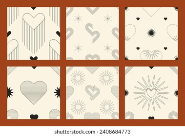 Resumen minimalista de San Valentín de patrones sin fisuras. Línea de arte deco corazón, forma de sol repetición colección de fondo. Ilustración vectorial en estilo retro moderno