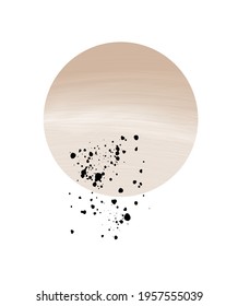 Abstract Minimalist Vector Art. Creative Illustration with Big Beige Oil Painting Style Dot and Black Splatters on a White Background. Modern Artistic Print Ideal for Wall Art, Poster, Card.