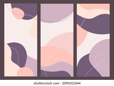 Abstract minimalist vector art poster set made of lines, blobs and shapes in calm feminine pastel colors. Modern mobile template design background for flyer, brochure. Trendy artwork for wall decor.