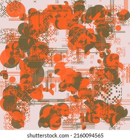 Abstract minimalist vector graphics with digital transition effect. Brutalist style futuristic forms built with distorted geometric shapes, random elements, and generative approach. 