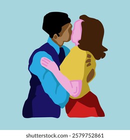 an abstract minimalist vector illustration of a loving couple embracing a man and a woman share a kiss their figures painted in vibrant colors creating an artistic stylization effect