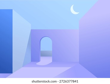Abstrakte minimalistische Vektorgrafik eines ruhigen Hofes mit einer gewölbten Tür unter einem Halbmond. Weiche violette und blaue Farbverläufe schaffen eine ruhige nächtliche Atmosphäre mit sauberen geometrischen architektonischen Formen.