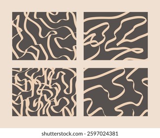 Abstract minimalist vector poster collection with organic flowing lines in beige on dark gray backgrounds, arranged in four panels showing varying density and composition of curved shapes.