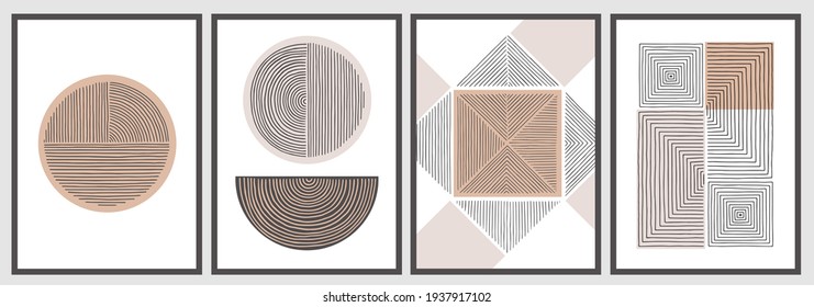 Abstract minimalist wall art composition in beige, grey, white, black colors. Simple line style. Geometric shapes, circles, squares design. Modern creative hand drawn background.