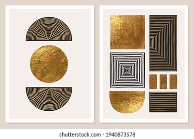 Abstract minimalist wall art composition in beige, grey, white, black colors. Simple line style. Golden geometric shapes, circles, squares design. Modern creative hand drawn background.