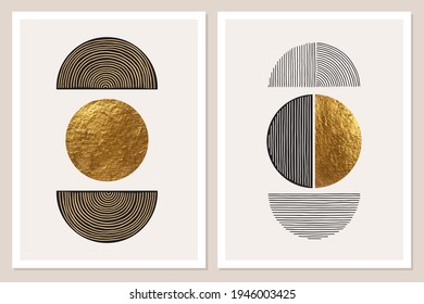 Abstrakte minimalistische Wandgestaltung in beigen, grauen, weißen, schwarzen Farben. Einfache Linienführung. Goldene geometrische Formen, Kreise, Regenbogen. Moderner, handgezeichneter Hintergrund.