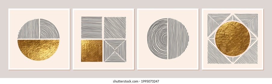 Abstract minimalist wall art composition in beige, grey, white, black colors. Simple line style. Golden geometric shapes, circles, squares design. Modern creative hand drawn background.