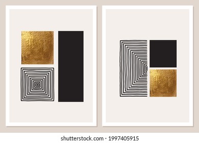 Abstract minimalist wall art composition in black, white, golden colors. Simple line style. Golden geometric shapes, squares design. Modern creative hand drawn background.