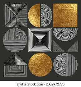 Abstract minimalist wall art composition in white, black colors. Simple line style. Golden geometric shapes, circles, squares design. Modern creative hand drawn background, design elements.
