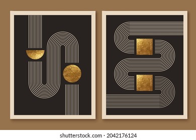 Abstract minimalist wall art composition in beige, grey, white, black colors. Simple line style. Golden geometric shapes, lines, circles, squares design. Modern creative hand drawn background.