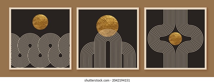 Abstract minimalist wall art composition in beige, black colors. Simple line art style. Line  waves, rainbow, arc. Golden circles. Modern creative hand drawn background.