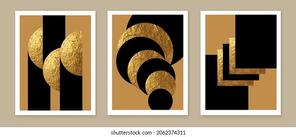 Abstract minimalist wall art composition in beige, grey, white, black colors. Golden geometric shapes, circles, squares design. Modern creative hand drawn background. Art deco balance composition. - Shutterstock ID 2062374311