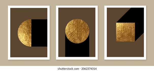 Abstract minimalist wall art composition in beige, grey, white, black colors. Golden geometric shapes, circles, squares design. Modern creative hand drawn background. Art deco balance composition.