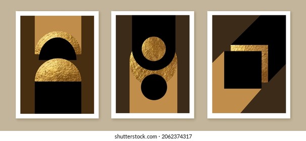 Abstract minimalist wall art composition in beige, grey, white, black colors. Golden geometric shapes, circles, squares design. Modern creative hand drawn background. Art deco balance composition.