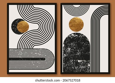 Abstract minimalist wall art composition in grey, white, black colors. Simple line style. Golden geometric shapes, circles, arches, waves design. Modern creative hand drawn background.