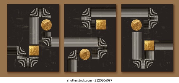 Abstract minimalist wall art composition in beige, grey, white, black colors. Simple line style. Golden geometric shapes, lines, circles, squares design. Modern creative hand drawn background.