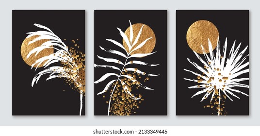 Abstract minimalist wall art composition in beige, grey, black white. Golden geometric shapes, circles, blackwhite monstera, palm leaves. Golden splatters. Wall art collage composition.