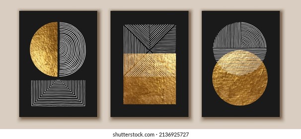 Abstract minimalist wall art composition in beige, grey, white, black colors. Simple line style. Golden geometric shapes, lines, circles, squares design. Modern creative hand drawn background.