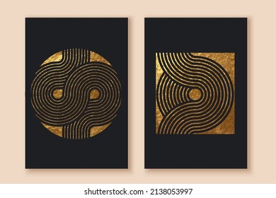 Abstract minimalist wall art composition in gold, black colors. Simple line style. Golden geometric shapes, lines, circles, squares design. Modern creative hand drawn background.