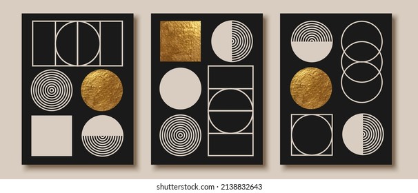 Abstract minimalist wall art composition in beige, grey, white, black colors. Golden geometric shapes, circles, squares design. Modern creative hand drawn background. Art deco balance composition.