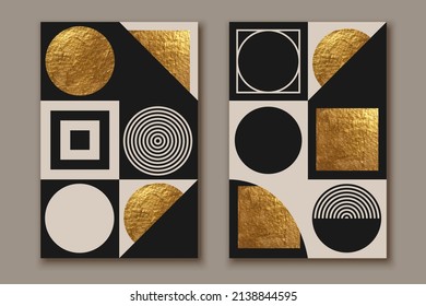 Resumen de la composición minimalista del arte de la pared en tonos beige, gris, blanco y negro. Formas geométricas doradas, círculos, diseño cuadrado. Moderno y creativo fondo dibujado a mano. Composición del equilibrio Art Deco.