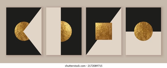 Abstract minimalist wall art composition in beige, grey, white, black colors. Golden geometric shapes, circles, squares design. Modern creative hand drawn background. Art deco balance composition.